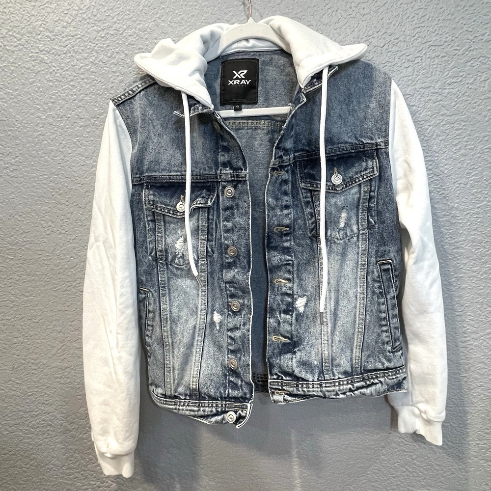 Men's Casual Ripped Distressed Jean Denim Jacket S White Fleece Hoodie Unisex